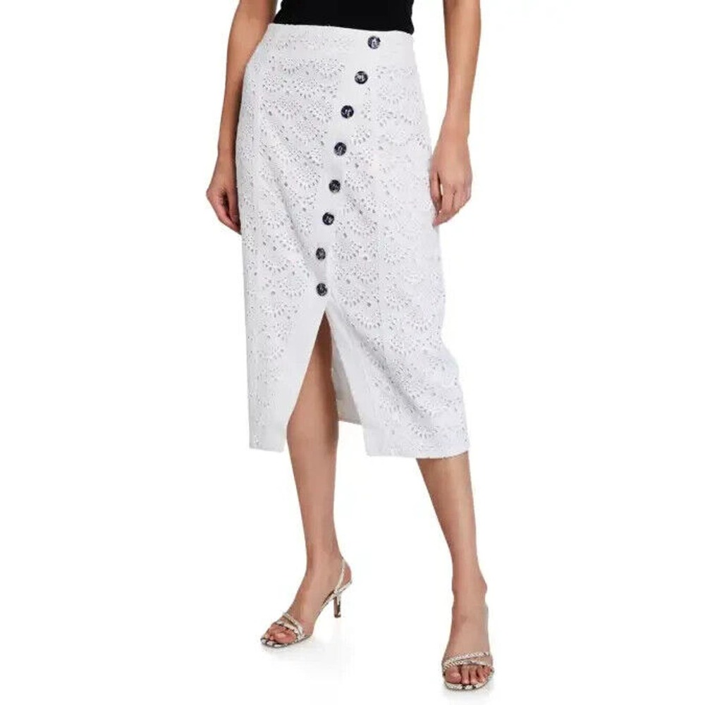 100% Linen Tanya Taylor Azalea Ivory Eyelet Button-Front Midi Skirt NWT Size 18